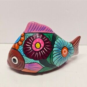 Hand painted Talavera Mexican Pottery Fish Decor Mexican Folk Art Signed Isidoro